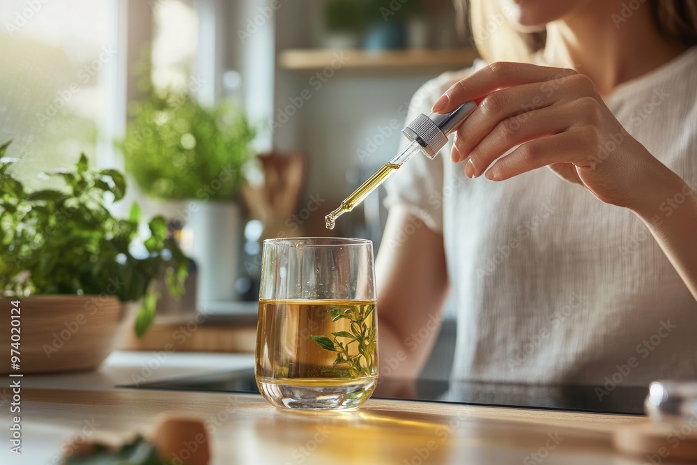 a woman holding a dropper of herbal oil over a glass of water, with soft natural light enhancing the peaceful kitchen atmosphere.