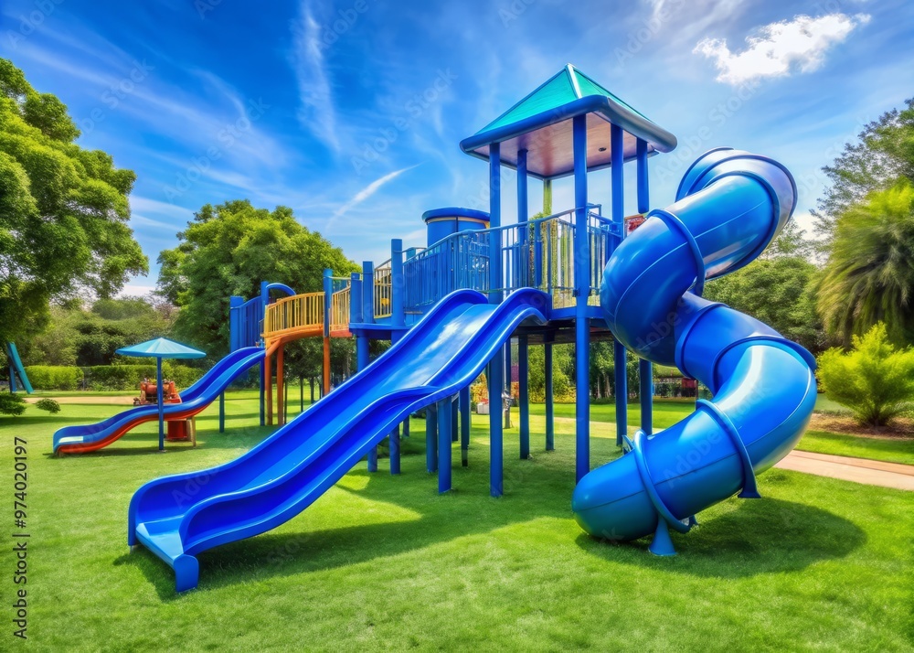 A vibrant blue curvaceous slide dominates the center of a bustling outdoor playground, surrounded by verdant greenery A vibrant blue curvaceous slide dominates the center of a bustling outdoor playground, surrounded by verdant greenery