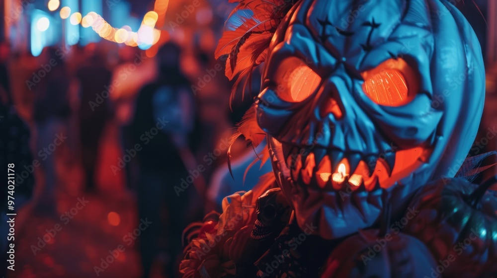 Naklejka premium Close-up of a glowing skull pumpkin mask at a Halloween night festival