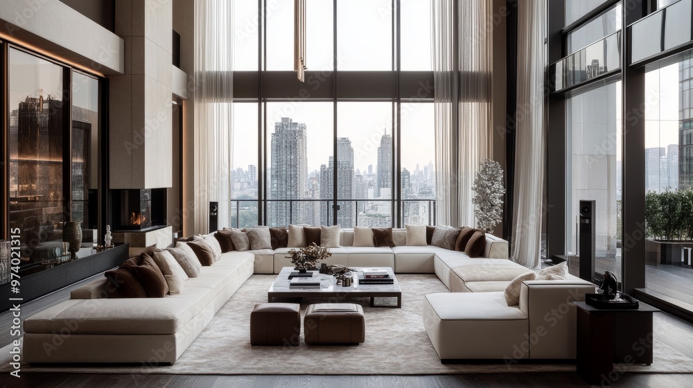 Contemporary luxury living room with floor-to-ceiling windows, modern furniture, and a statement chandelier for a high-end feel. Contemporary luxury living room with floor-to-ceiling windows, modern furniture, and a statement chandelier for a high-end feel.