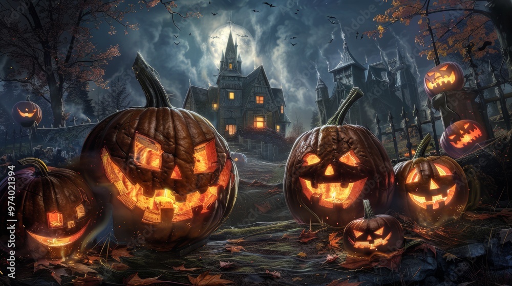 Naklejka premium Large glowing jack-o'-lanterns in front of a haunted house under a full moon