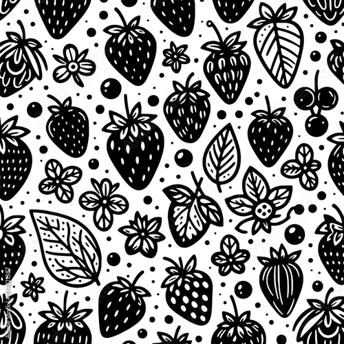 Monochrome Fruit and Leaf Vector Pattern - Seamless Decorative Design