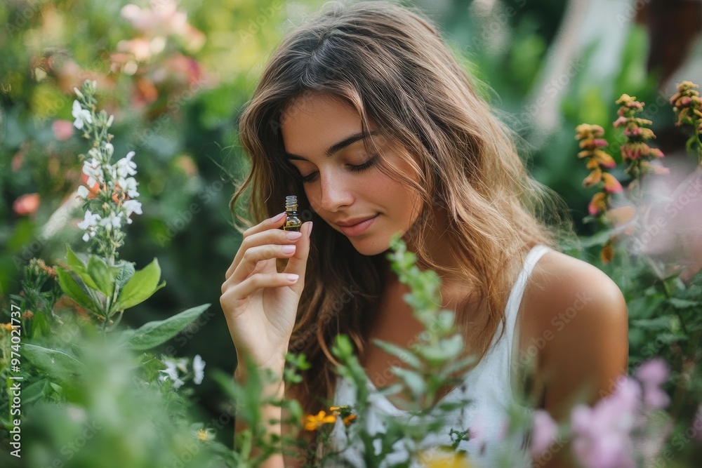 A woman relaxing in her garden, taking a drop of herbal oil amidst flowers and greenery, enjoying a peaceful moment. A woman relaxing in her garden, taking a drop of herbal oil amidst flowers and greenery, enjoying a peaceful moment.