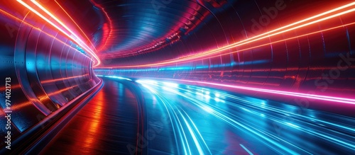 High speed futuristic tunnel with vibrant neon lights and blurred motion creating a dynamic energetic and technology driven atmosphere The image conveys a sense of cutting edge transportation