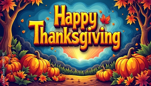 Thanksgiving harvest background in psychedelic art style with vibrant swirling colors and bold Happy Thanksgiving typography.