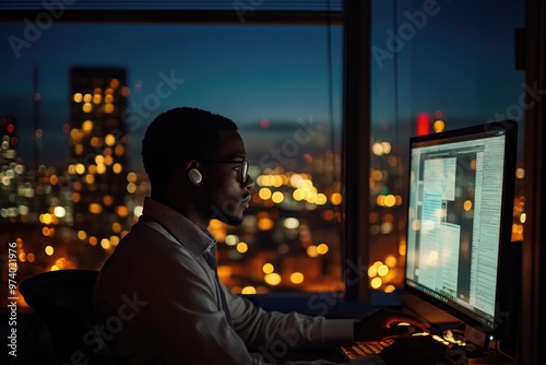 A young professional with a hearing aid works late in the office, focused on a computer screen as city lights are visible through large windows in the dimly lit room