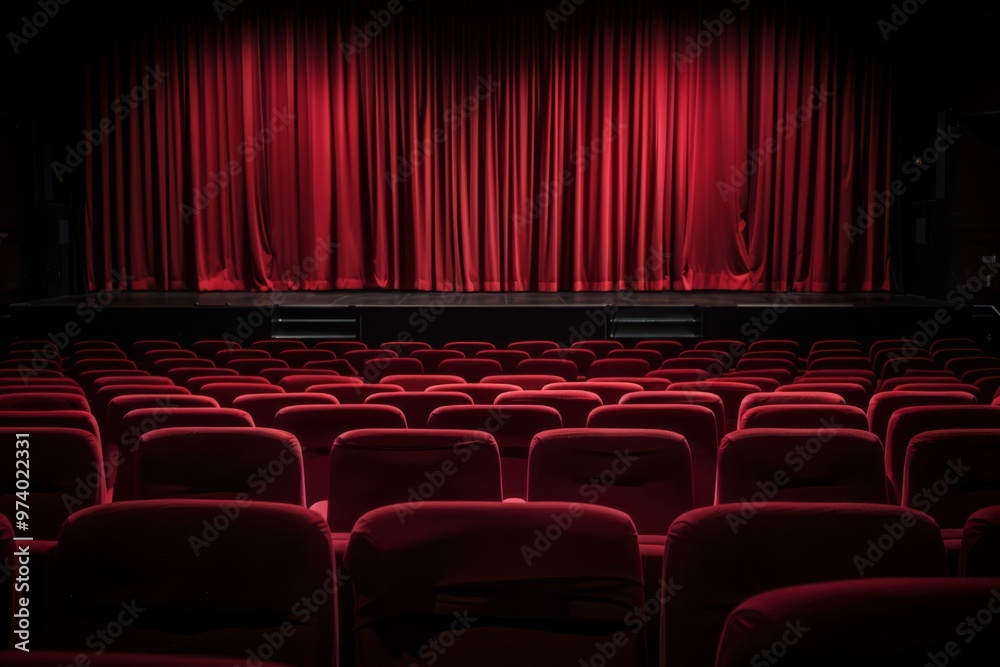 Obraz premium An empty movie theater with rows of vibrant red seats and elegant curtains, evoking a quiet and cinematic atmosphere before the show begins