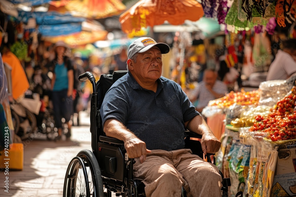 Obraz premium A motorized wheelchair user attends a cultural festival, navigating lively stalls and enjoying performances and traditional foods in a vibrant atmosphere