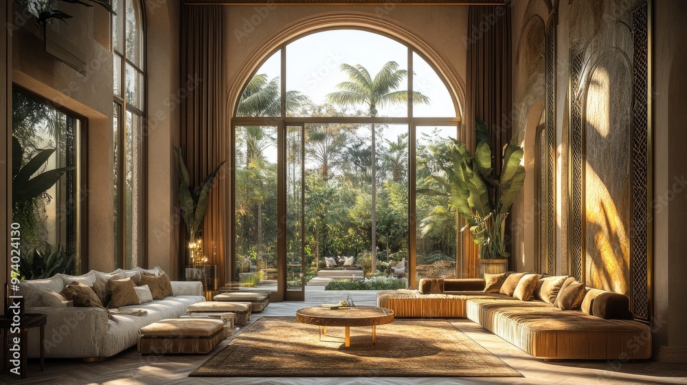 Opulent living room with high ceilings, gold accents, plush velvet seating, and a large glass window overlooking a tranquil garden. Opulent living room with high ceilings, gold accents, plush velvet seating, and a large glass window overlooking a tranquil garden.