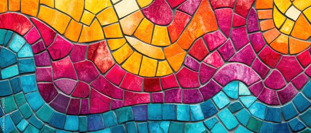 Fototapeta premium Background with colorful, irregularly shaped mosaic tiles in bright, vivid tones like magenta, turquoise, and orange, arranged in a swirling pattern.