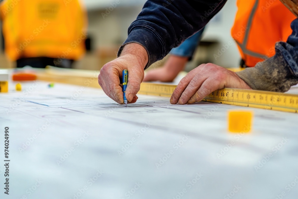 A Construction Worker's Hand Using a Ruler and Pen to Mark a Blueprint A Construction Worker's Hand Using a Ruler and Pen to Mark a Blueprint