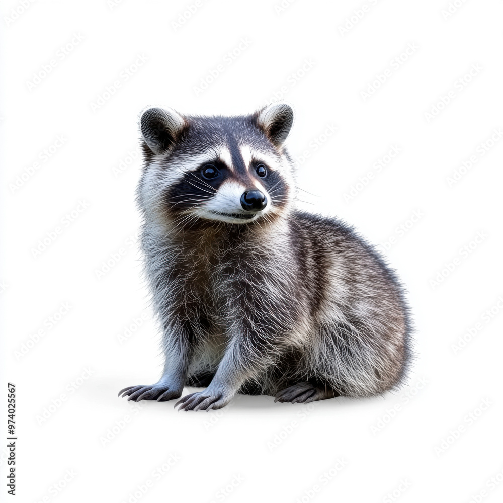 Fototapeta premium Adorable baby raccoon sitting against a white background, showcasing its fluffy fur and curious expression.