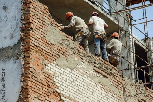 Construction Workers on a Brick Wall During a Building Project