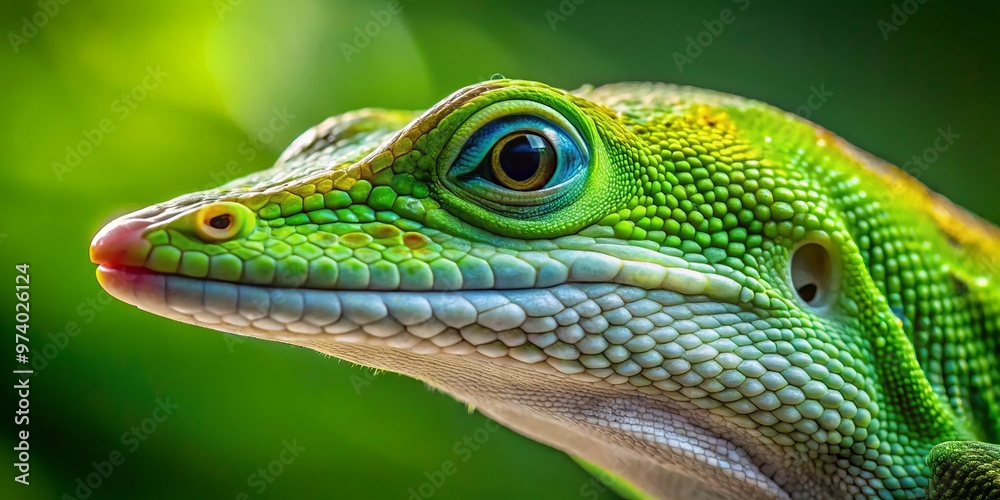A vibrant green anole lizard's scaly skin and intricate details are showcased in extreme close-up, highlighting its A vibrant green anole lizard's scaly skin and intricate details are showcased in extreme close-up, highlighting its
