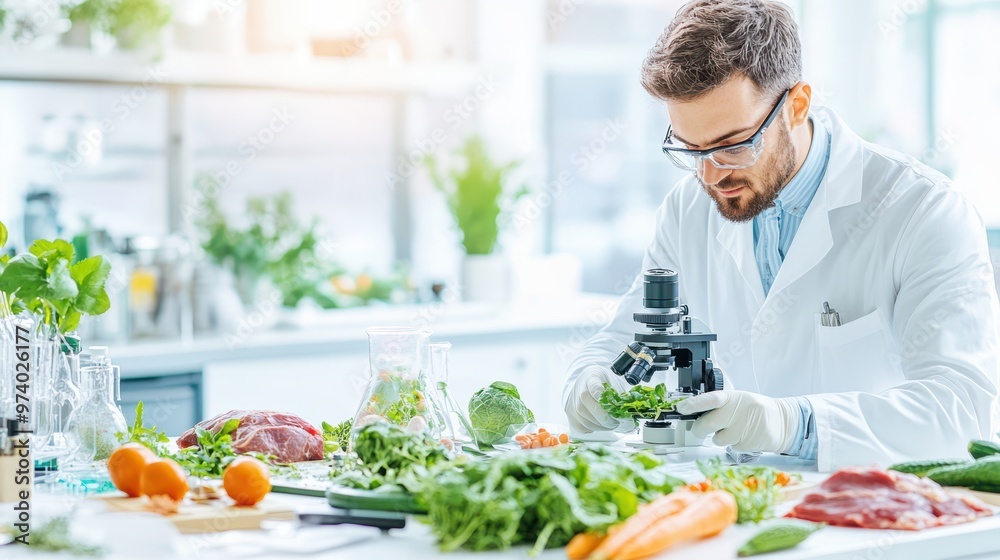 Scientist conducting research on various fruits and vegetables using a ...