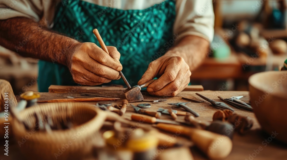Craftsman repairing old tools in a rustic workshop, showcasing resourcefulness and sustainable practices in rural life Craftsman repairing old tools in a rustic workshop, showcasing resourcefulness and sustainable practices in rural life