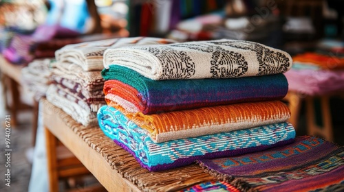 Handcrafted woven textiles displayed in a rural market, symbolizing resourcefulness, creativity, and self-sufficient communities photo