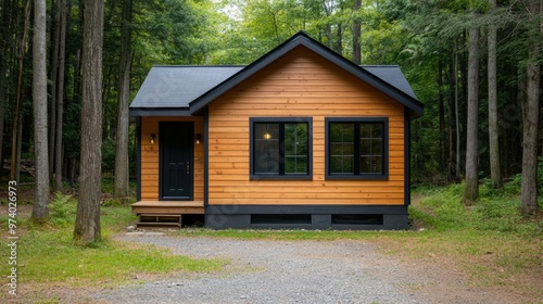 Minimalist wooden cabin in the woods, surrounded by nature, symbolizing frugality and a simple, natural lifestyle in a sufficiency economy