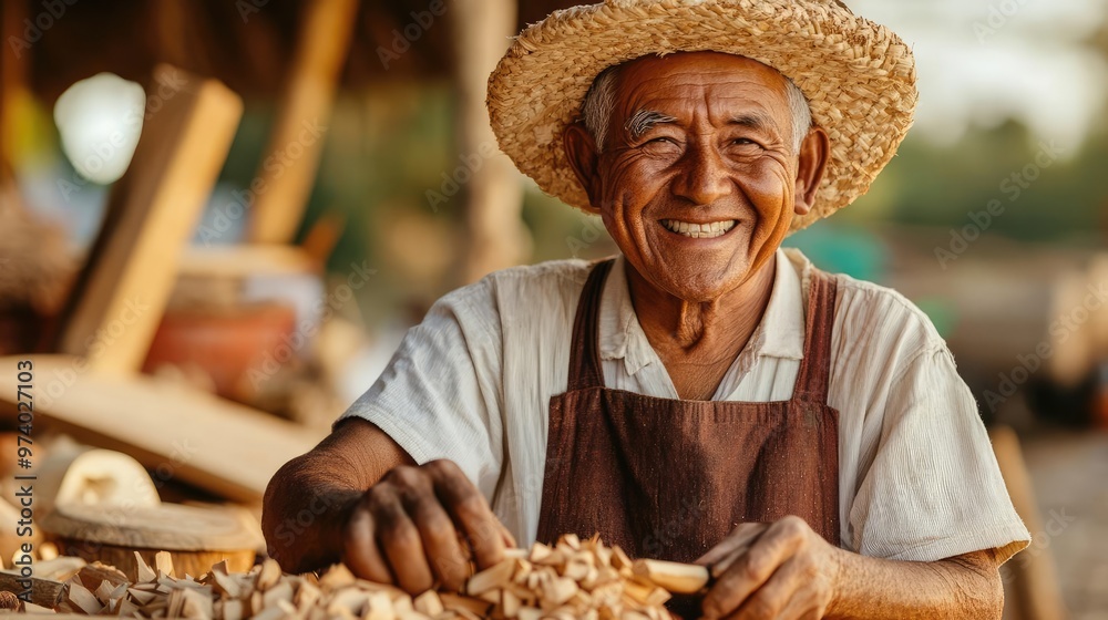 Fototapeta premium Rural craftsman carving wood by hand, representing self-reliant communities and the revival of traditional skills