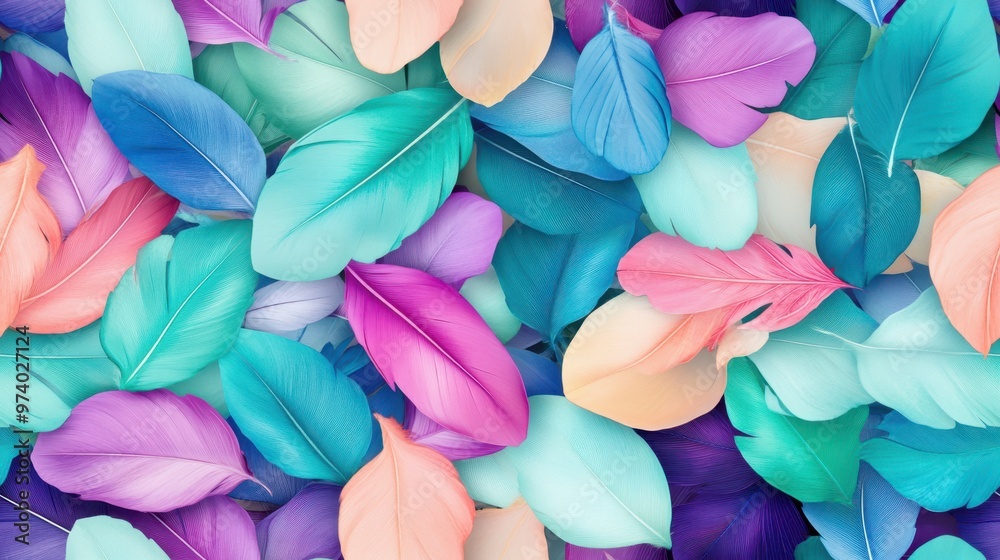 Abstract close-up of colorful pastel feathers in shades of pink, purple, and blue, creating a soft and vibrant seamless pattern. Abstract close-up of colorful pastel feathers in shades of pink, purple, and blue, creating a soft and vibrant seamless pattern.