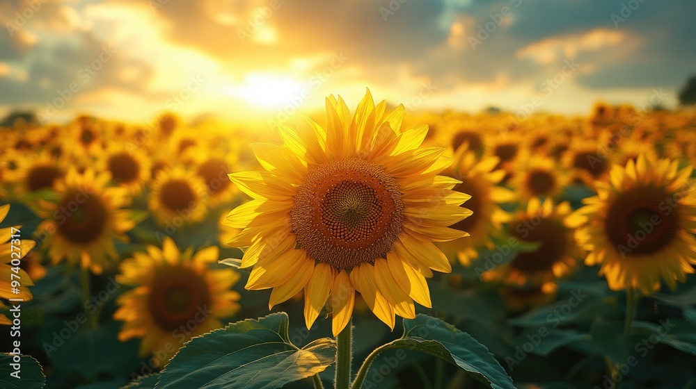 Fototapeta premium A Stunning Bright Sunflower Field in Full Bloom Ideal for Nature-Lovers and Photographers Seeking Vibrant Imagery for Various Projects