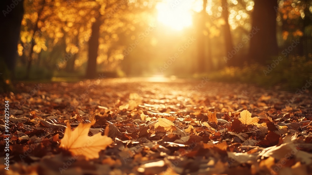 Autumn foliage in a park with a path covered in fallen leaves, warm golden light Autumn foliage in a park with a path covered in fallen leaves, warm golden light
