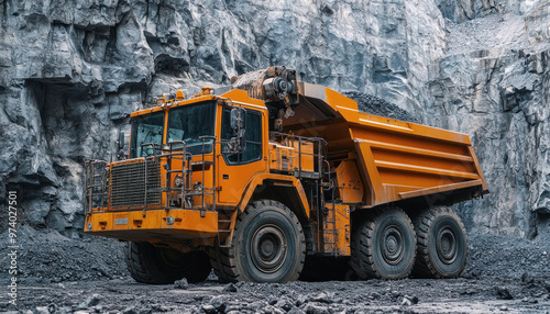 Large yellow mining dump truck moving along the floor of a quarry