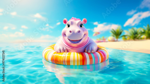 Baby pink hipo with large eyes and smile expression on a colorful striped pool float on a water with beach background. Generative AI Technology