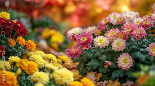 Autumn garden filled with blooming chrysanthemums, asters, and marigolds, with leaves in various stages of changing color creating a colorful backdrop