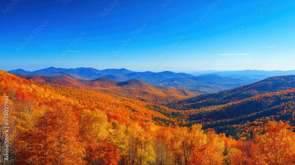 Autumn mountain view, showcasing a panoramic landscape of mountains blanketed in vibrant fall foliage, with a clear blue sky above Autumn mountain view, showcasing a panoramic landscape of mountains blanketed in vibrant fall foliage, with a clear blue sky above