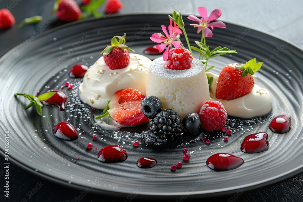 Elegant Dessert Plate with Berries and Flowers Elegant Dessert Plate with Berries and Flowers
