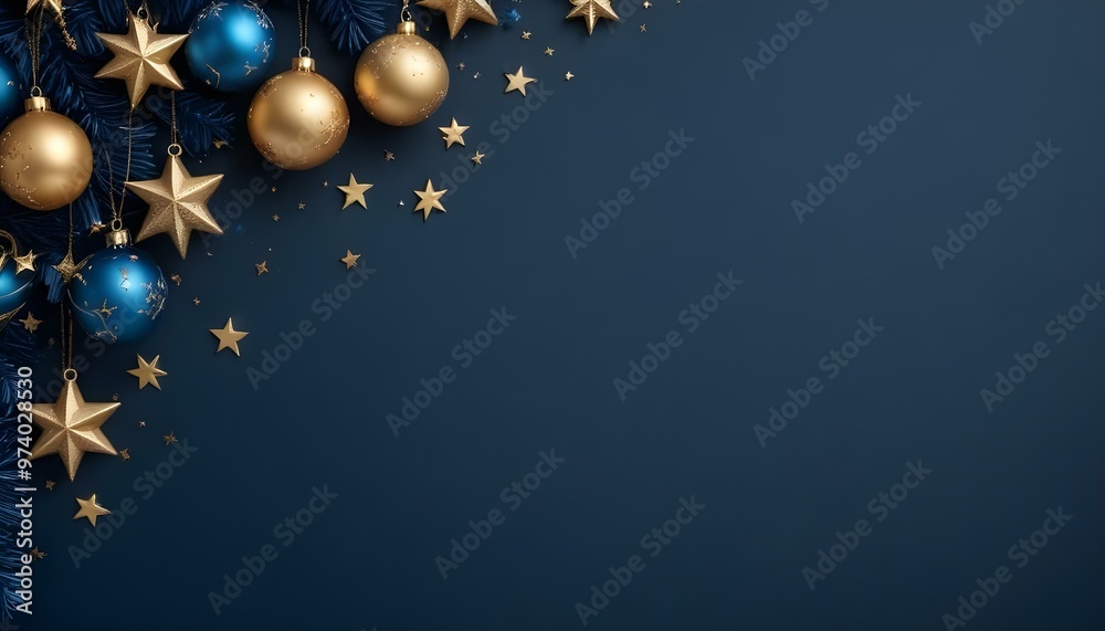Gold and blue Christmas ornaments and stars on a dark blue background. Gold and blue Christmas ornaments and stars on a dark blue background.