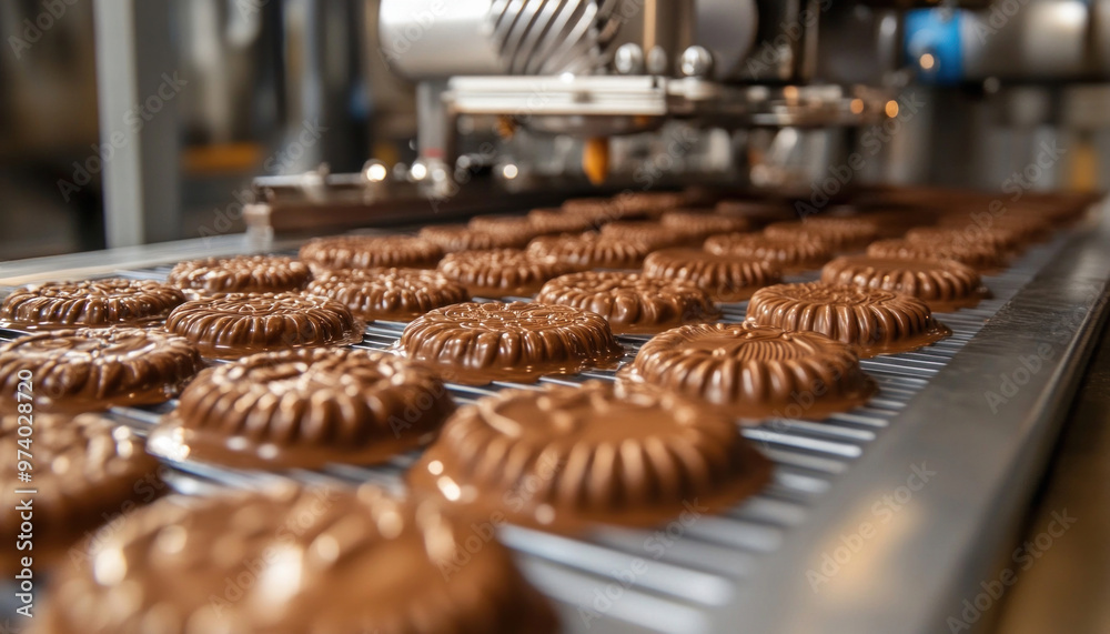 Chocolate covered cookies coming out of machine in a food factory Chocolate covered cookies coming out of machine in a food factory