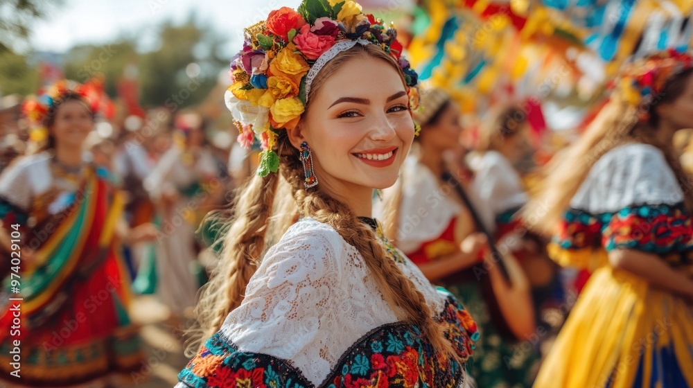 Beautiful women in national dresses, participating in a cultural festival, surrounded by traditional decorations and music Beautiful women in national dresses, participating in a cultural festival, surrounded by traditional decorations and music