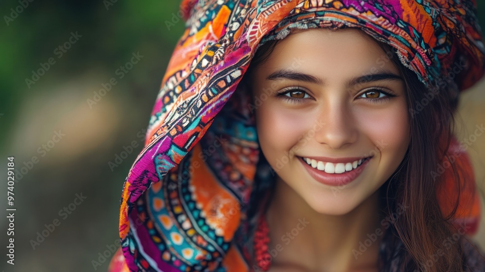 Beauty portrait of a smiling girl in cultural dress, with soft natural lighting enhancing her features and traditional attire Beauty portrait of a smiling girl in cultural dress, with soft natural lighting enhancing her features and traditional attire