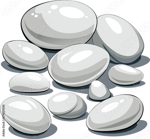 White Rock Pebbles quartz stones Polished Weathered cobblestones realistic illustration on white background. 