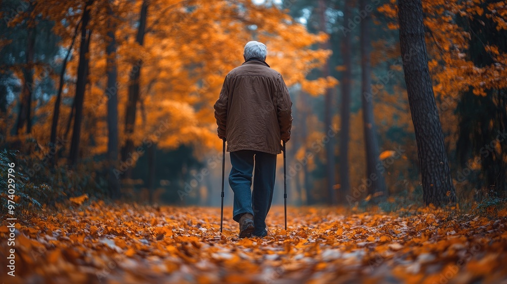 Elderly Man with a Walking Stick Illustrating the Importance of Health and Active Senior Life