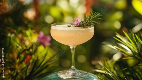 Fototapeta Naklejka Na Ścianę i Meble -  Botanical-infused drinks, capturing a close-up of a cocktail infused with fresh herbs, flowers, and botanicals, set against a lush garden backdrop