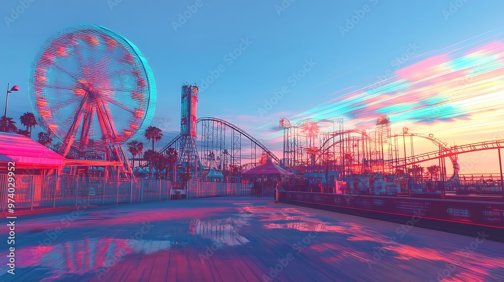 Obraz premium A majestic suspension bridge arches over a bustling city skyline, its lights reflecting on the tranquil water below as a ferris wheel twirls against the vibrant dusk sky