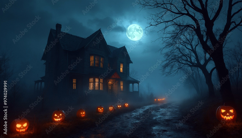 A dark and eerie haunted house at night glowing jack-o-lanterns lining the path, surrounded by thick fog, Halloween-themed A dark and eerie haunted house at night glowing jack-o-lanterns lining the path, surrounded by thick fog, Halloween-themed