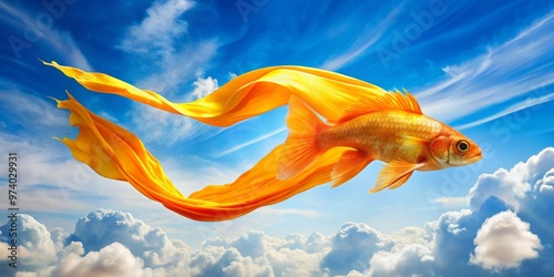 A vibrant orange and yellow banner featuring a leaping fish in bold brushstrokes, suspended against a bright blue photo