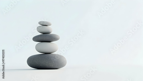 Stack of smooth, grey and white stones on a white background.