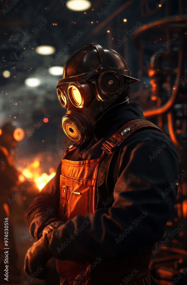 A man in a gas mask stands in front of a fire A man in a gas mask stands in front of a fire