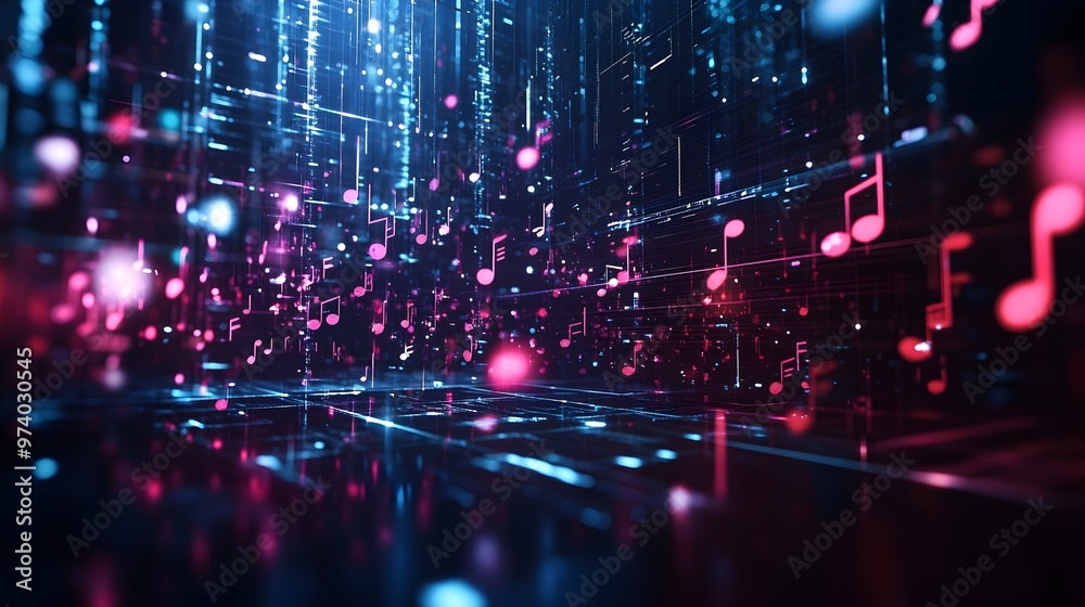 Fototapeta premium A modern 3D display of holographic music notes hovering in a dark, minimalistic space, with vibrant colors and dynamic lighting creating a sleek, high-tech atmosphere 