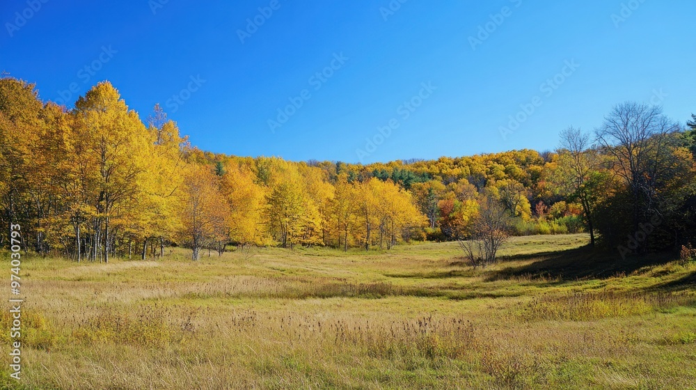 Fototapeta premium Bright foliage under a clear blue sky, vibrant greens and yellows, expansive view