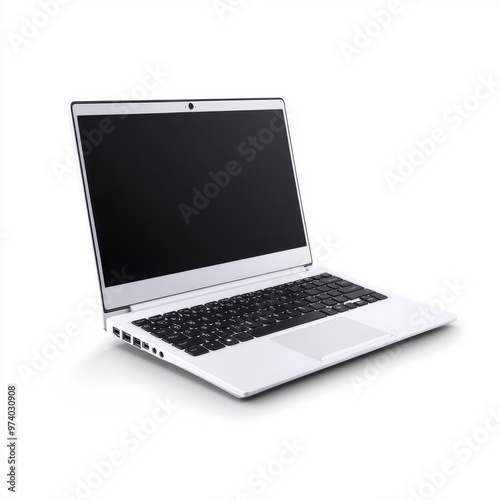 A sleek, silver laptop with a black keyboard and blank screen, isolated on a white background, showcasing minimalistic design.