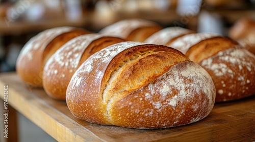 Freshly Baked Bread Loaves Displayed on a Rustic Wooden Table for Bakery Use