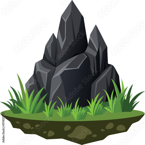 Black stone with green grass vector illustration isolated on white background generated Ai