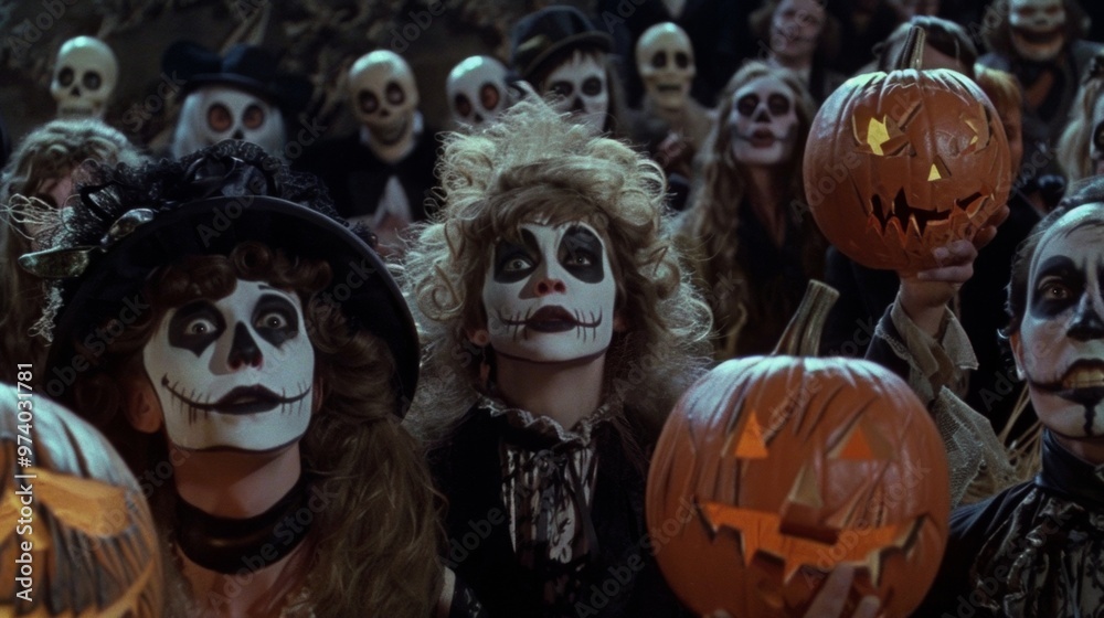Crowd in skull makeup holding jack-o'-lanterns at a Halloween event Crowd in skull makeup holding jack-o'-lanterns at a Halloween event