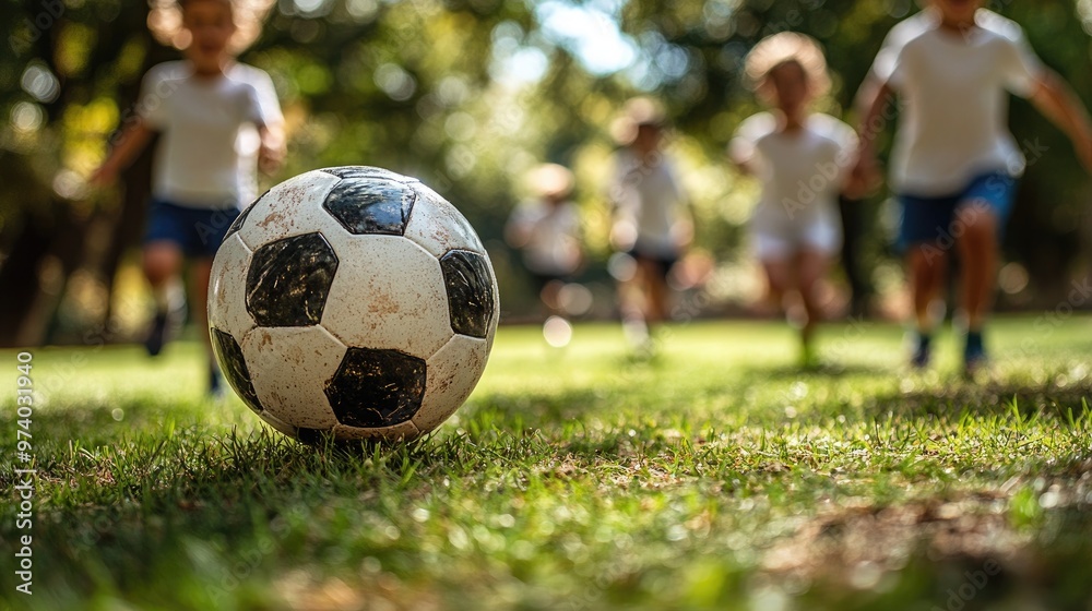 Obraz premium Group of Children Engaged in an Exciting Soccer Game in a Park, Perfect for Illustrating Active Lifestyles and Youth Sports